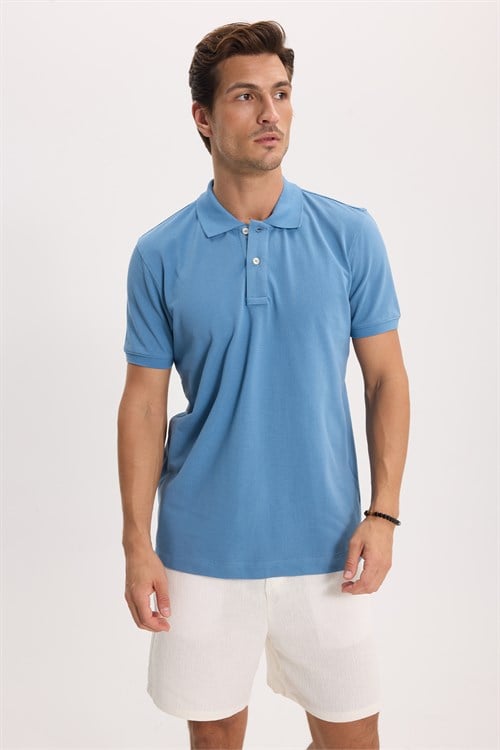 Erkek Slim Fit Dar Kesim Premium Seri %100 Pamuk Yumuşak Dokulu Merserize Mavi Polo Yaka Tişört 