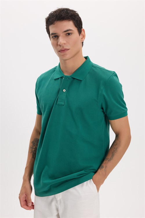 Erkek Slim Fit Dar Kesim Premium Seri %100 Pamuk Yumuşak Dokulu Merserize Yeşil Polo Yaka Tişört 
