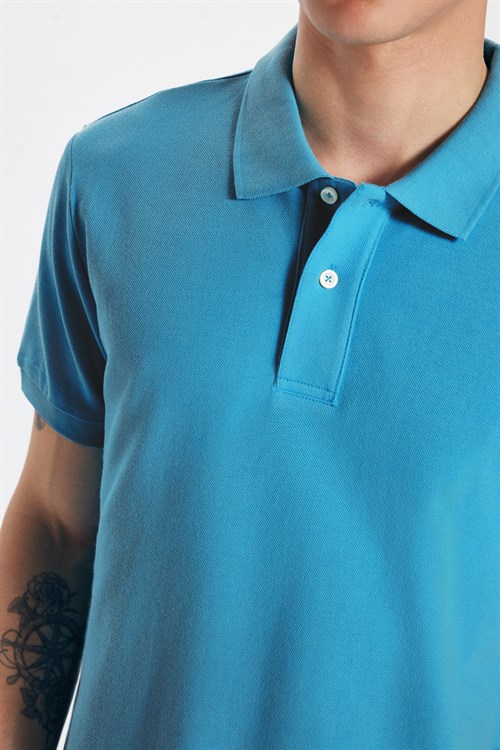 Erkek Slim Fit Dar Kesim Premium Seri %100 Pamuk Yumuşak Dokulu Merserize Mavi Polo Yaka Tişört 