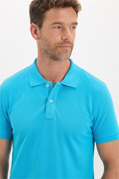 Erkek Slim Fit Dar Kesim Premium Seri %100 Pamuk Yumuşak Dokulu Merserize Mavi Polo Yaka Tişört 