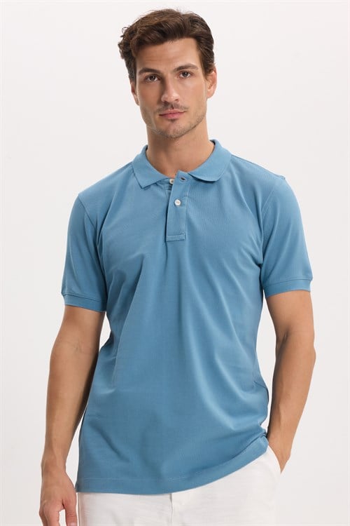 Erkek Slim Fit Dar Kesim Premium Seri %100 Pamuk Yumuşak Dokulu Merserize Mavi Polo Yaka Tişört 