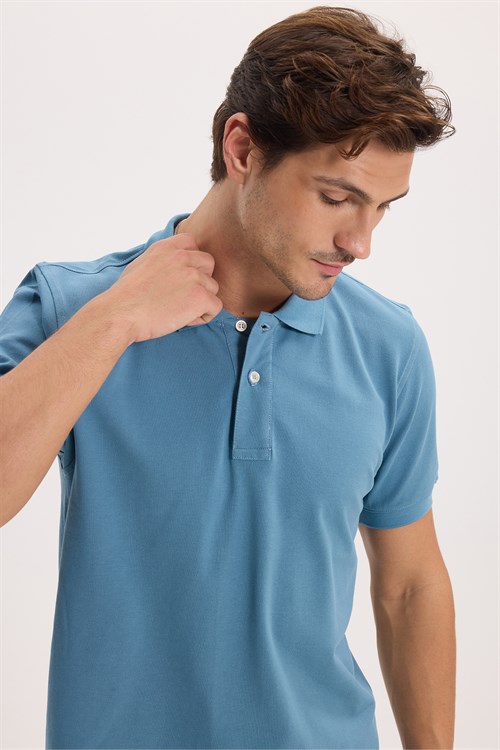 Erkek Slim Fit Dar Kesim Premium Seri %100 Pamuk Yumuşak Dokulu Merserize Mavi Polo Yaka Tişört 
