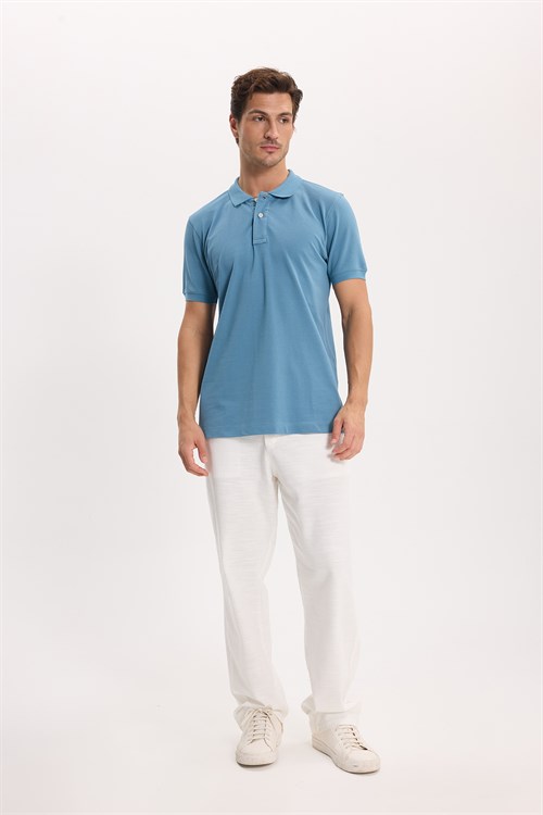 Erkek Slim Fit Dar Kesim Premium Seri %100 Pamuk Yumuşak Dokulu Merserize Mavi Polo Yaka Tişört 