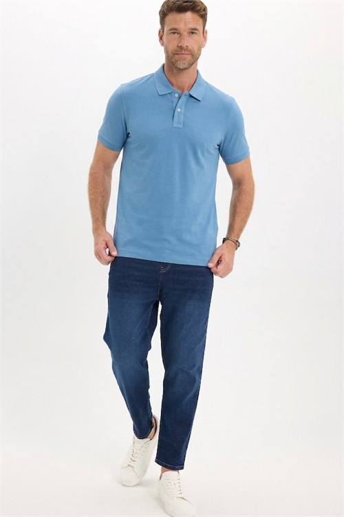 Erkek Slim Fit Dar Kesim Premium Seri %100 Pamuk Yumuşak Dokulu Merserize Mavi Polo Yaka Tişört 
