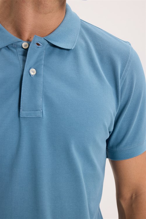 Erkek Slim Fit Dar Kesim Premium Seri %100 Pamuk Yumuşak Dokulu Merserize Mavi Polo Yaka Tişört 