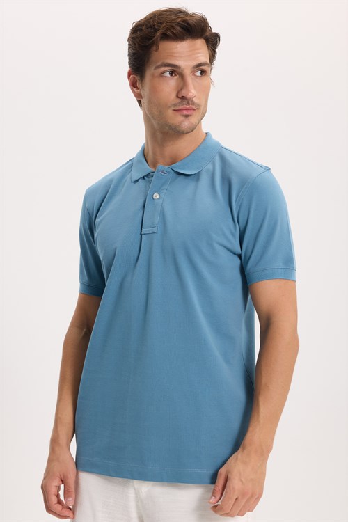 Erkek Slim Fit Dar Kesim Premium Seri %100 Pamuk Yumuşak Dokulu Merserize Mavi Polo Yaka Tişört 