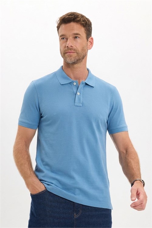 Erkek Slim Fit Dar Kesim Premium Seri %100 Pamuk Yumuşak Dokulu Merserize Mavi Polo Yaka Tişört 