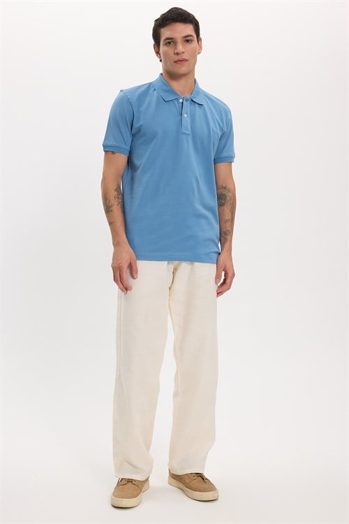 Erkek Slim Fit Dar Kesim Premium Seri %100 Pamuk Yumuşak Dokulu Merserize Mavi Polo Yaka Tişört 