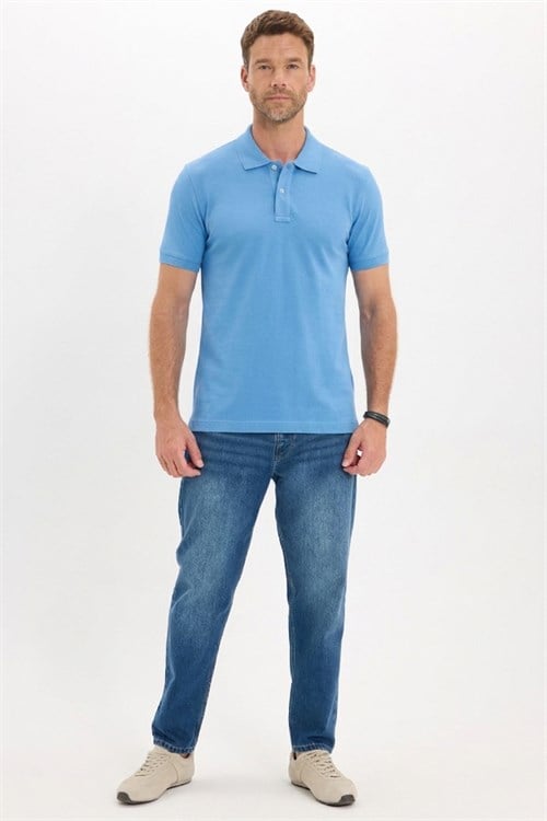 Erkek Slim Fit Dar Kesim Premium Seri %100 Pamuk Yumuşak Dokulu Merserize Mavi Polo Yaka Tişört 