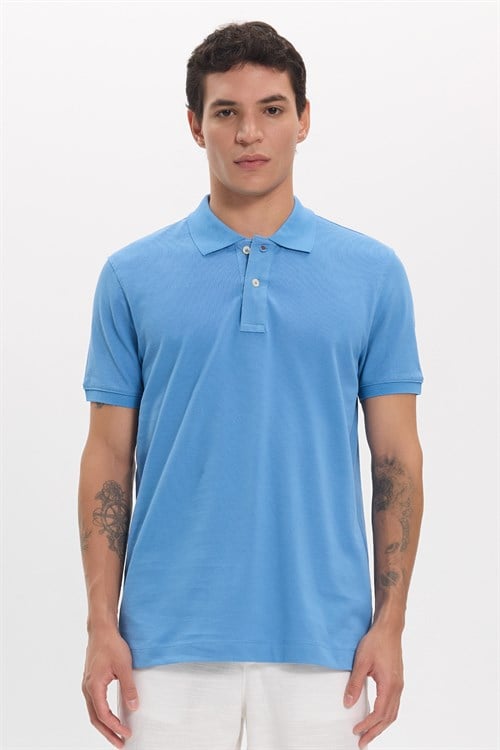 Erkek Slim Fit Dar Kesim Premium Seri %100 Pamuk Yumuşak Dokulu Merserize Mavi Polo Yaka Tişört 