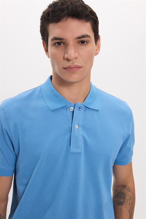 Erkek Slim Fit Dar Kesim Premium Seri %100 Pamuk Yumuşak Dokulu Merserize Mavi Polo Yaka Tişört 