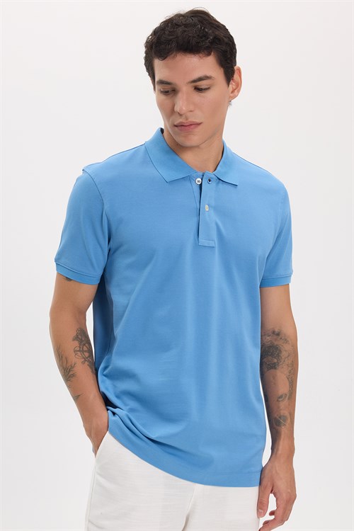 Erkek Slim Fit Dar Kesim Premium Seri %100 Pamuk Yumuşak Dokulu Merserize Mavi Polo Yaka Tişört 