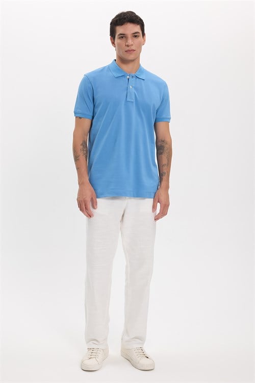 Erkek Slim Fit Dar Kesim Premium Seri %100 Pamuk Yumuşak Dokulu Merserize Mavi Polo Yaka Tişört 