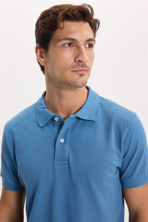 Erkek Slim Fit Dar Kesim Premium Seri %100 Pamuk Yumuşak Dokulu Merserize İndigo Polo Yaka Tişört 