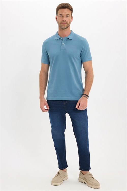 Erkek Slim Fit Dar Kesim Premium Seri %100 Pamuk Yumuşak Dokulu Merserize İndigo Polo Yaka Tişört 