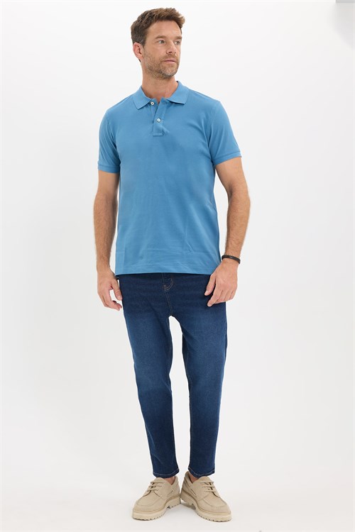 Erkek Slim Fit Dar Kesim Premium Seri %100 Pamuk Yumuşak Dokulu Merserize İndigo Polo Yaka Tişört 