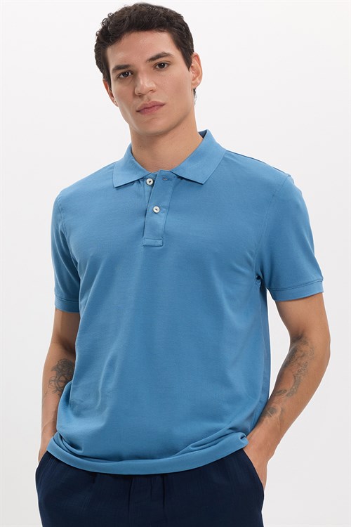 Erkek Slim Fit Dar Kesim Premium Seri %100 Pamuk Yumuşak Dokulu Merserize İndigo Polo Yaka Tişört 