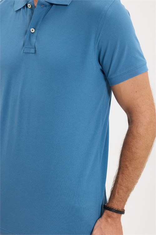 Erkek Slim Fit Dar Kesim Premium Seri %100 Pamuk Yumuşak Dokulu Merserize İndigo Polo Yaka Tişört 