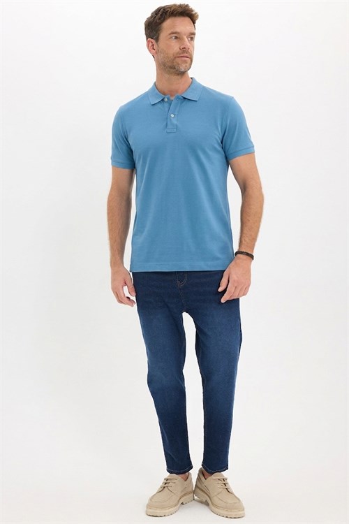 Erkek Slim Fit Dar Kesim Premium Seri %100 Pamuk Yumuşak Dokulu Merserize İndigo Polo Yaka Tişört 