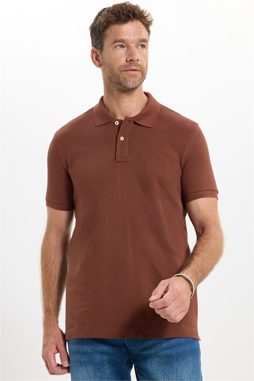 Erkek Slim Fit Dar Kesim Premium Seri %100 Pamuk Yumuşak Dokulu Merserize Kahverengi Polo Yaka Tişört 