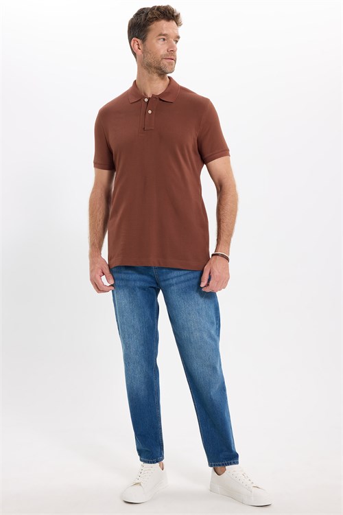 Erkek Slim Fit Dar Kesim Premium Seri %100 Pamuk Yumuşak Dokulu Merserize Kahverengi Polo Yaka Tişört 