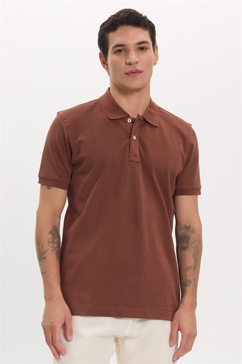 Erkek Slim Fit Dar Kesim Premium Seri %100 Pamuk Yumuşak Dokulu Merserize Kahverengi Polo Yaka Tişört 