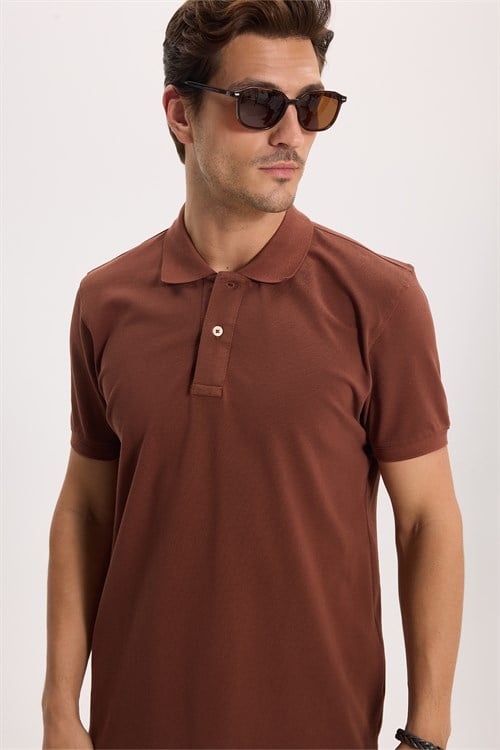 Erkek Slim Fit Dar Kesim Premium Seri %100 Pamuk Yumuşak Dokulu Merserize Kahverengi Polo Yaka Tişört 