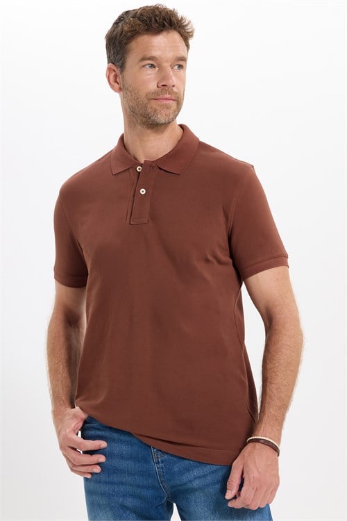 Erkek Slim Fit Dar Kesim Premium Seri %100 Pamuk Yumuşak Dokulu Merserize Kahverengi Polo Yaka Tişört 