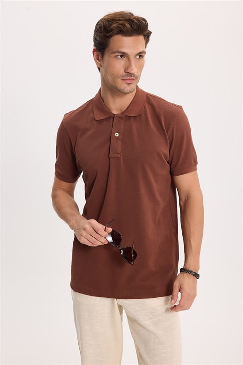 Erkek Slim Fit Dar Kesim Premium Seri %100 Pamuk Yumuşak Dokulu Merserize Kahverengi Polo Yaka Tişört 
