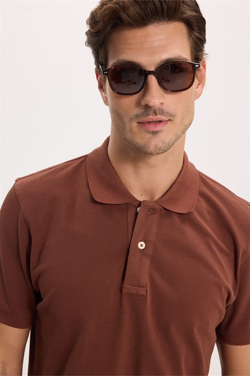 Erkek Slim Fit Dar Kesim Premium Seri %100 Pamuk Yumuşak Dokulu Merserize Kahverengi Polo Yaka Tişört 