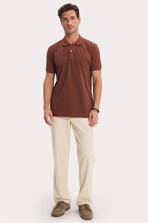 Erkek Slim Fit Dar Kesim Premium Seri %100 Pamuk Yumuşak Dokulu Merserize Kahverengi Polo Yaka Tişört 