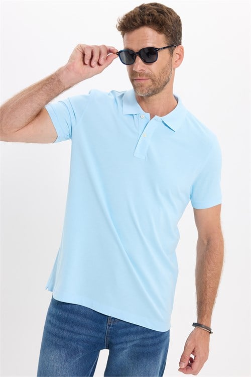 Erkek Slim Fit Dar Kesim Premium Seri %100 Pamuk Yumuşak Dokulu Merserize Mavi Polo Yaka Tişört 