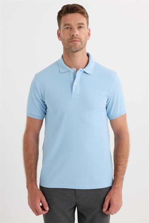 Erkek Slim Fit Dar Kesim Premium Seri %100 Pamuk Yumuşak Dokulu Merserize Mavi Polo Yaka Tişört 
