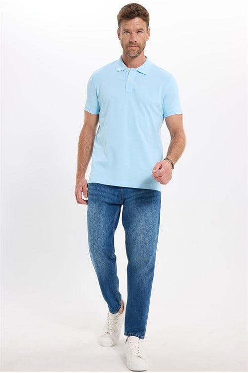 Erkek Slim Fit Dar Kesim Premium Seri %100 Pamuk Yumuşak Dokulu Merserize Mavi Polo Yaka Tişört 