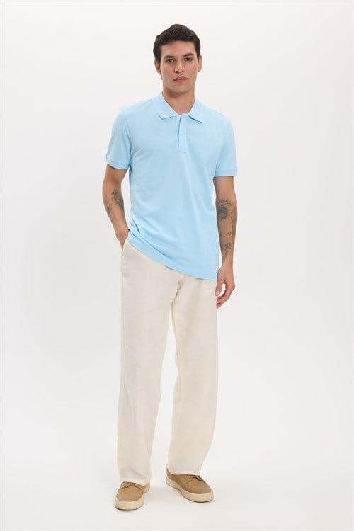 Erkek Slim Fit Dar Kesim Premium Seri %100 Pamuk Yumuşak Dokulu Merserize Mavi Polo Yaka Tişört 