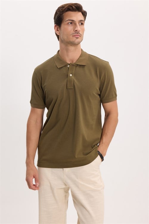 Erkek Slim Fit Dar Kesim Premium Seri %100 Pamuk Yumuşak Dokulu Merserize Haki Polo Yaka Tişört 