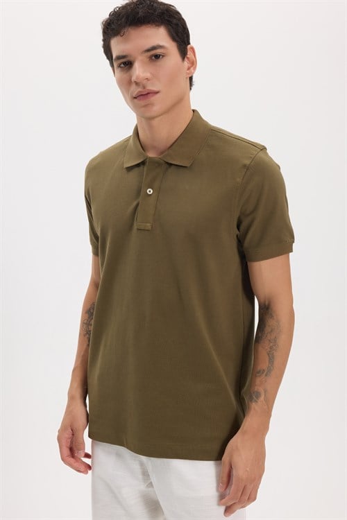 Erkek Slim Fit Dar Kesim Premium Seri %100 Pamuk Yumuşak Dokulu Merserize Haki Polo Yaka Tişört 