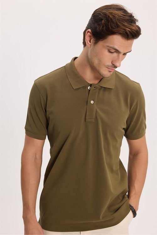 Erkek Slim Fit Dar Kesim Premium Seri %100 Pamuk Yumuşak Dokulu Merserize Haki Polo Yaka Tişört 