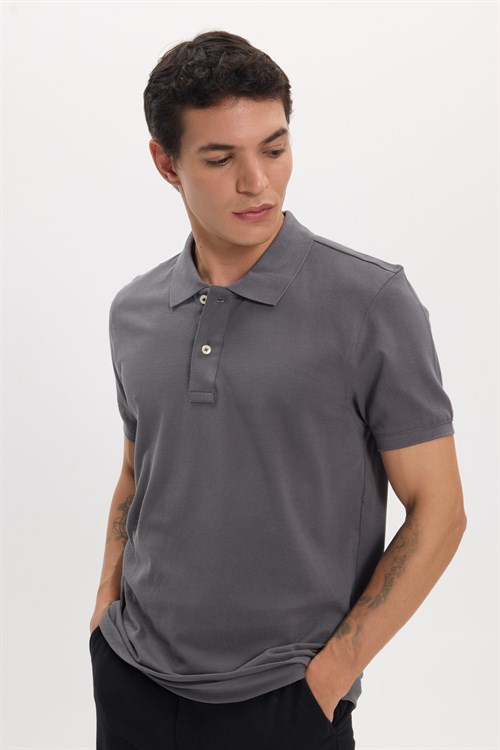 Erkek Slim Fit Dar Kesim Premium Seri %100 Pamuk Yumuşak Dokulu Merserize Gri Polo Yaka Tişört 