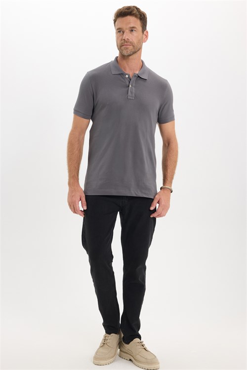 Erkek Slim Fit Dar Kesim Premium Seri %100 Pamuk Yumuşak Dokulu Merserize Gri Polo Yaka Tişört 