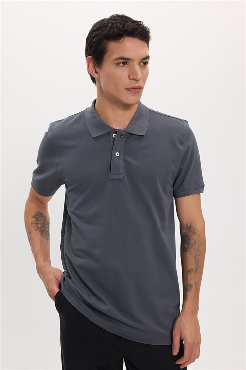 Erkek Slim Fit Dar Kesim Premium Seri %100 Pamuk Yumuşak Dokulu Merserize Gri Polo Yaka Tişört 