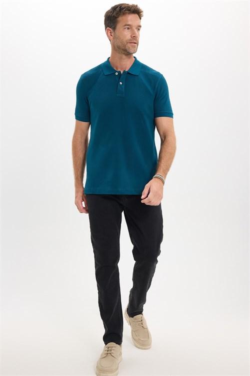 Erkek Slim Fit Dar Kesim Premium Seri %100 Pamuk Yumuşak Dokulu Merserize Petrol Polo Yaka Tişört 