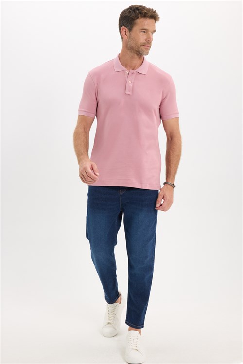 Erkek Slim Fit Dar Kesim Premium Seri %100 Pamuk Yumuşak Dokulu Merserize Pembe Polo Yaka Tişört 