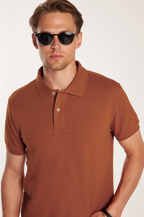 Erkek Slim Fit Dar Kesim Premium Seri %100 Pamuk Yumuşak Dokulu Merserize Kahverengi Polo Yaka Tişört 