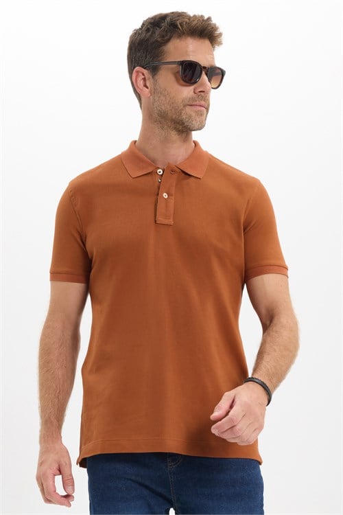 Erkek Slim Fit Dar Kesim Premium Seri %100 Pamuk Yumuşak Dokulu Merserize Kahverengi Polo Yaka Tişört 