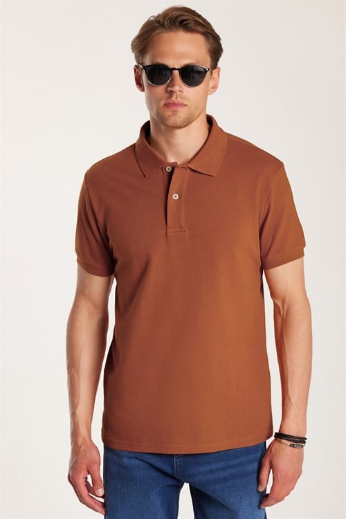 Erkek Slim Fit Dar Kesim Premium Seri %100 Pamuk Yumuşak Dokulu Merserize Kahverengi Polo Yaka Tişört 
