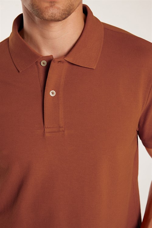 Erkek Slim Fit Dar Kesim Premium Seri %100 Pamuk Yumuşak Dokulu Merserize Kahverengi Polo Yaka Tişört 