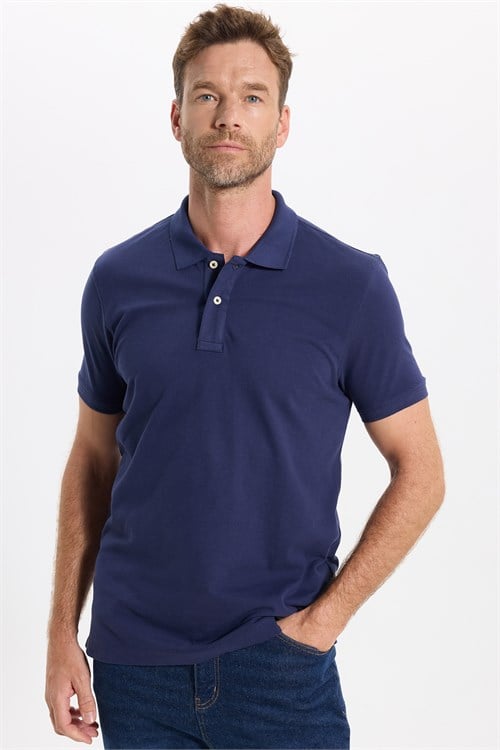 Erkek Slim Fit Dar Kesim Premium Seri %100 Pamuk Yumuşak Dokulu Merserize Lacivert Polo Yaka Tişört