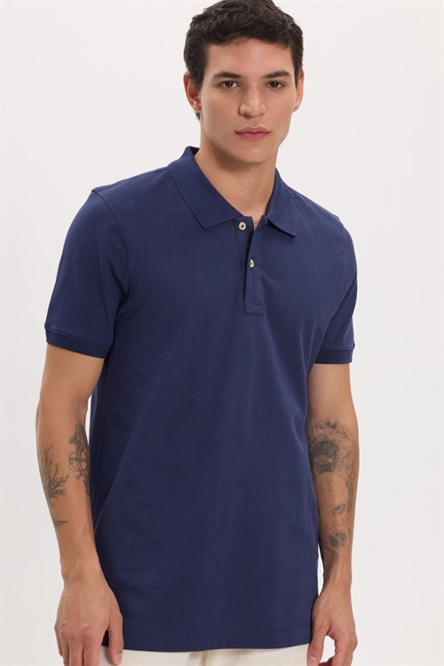 Erkek Slim Fit Dar Kesim Premium Seri %100 Pamuk Yumuşak Dokulu Merserize Lacivert Polo Yaka Tişört 