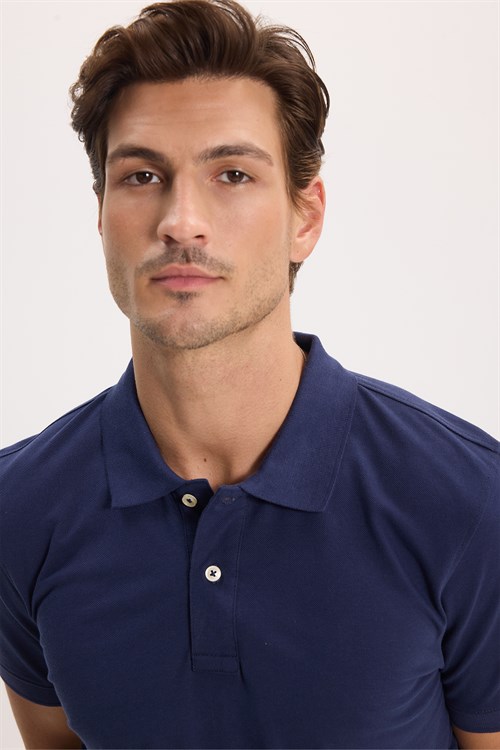 Erkek Slim Fit Dar Kesim Premium Seri %100 Pamuk Yumuşak Dokulu Merserize Lacivert Polo Yaka Tişört 